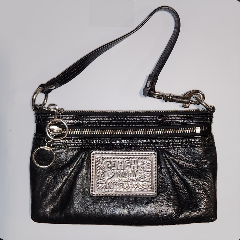 Coach Poppy Black Leather Mini Bag/Wristlet with Silver Accents